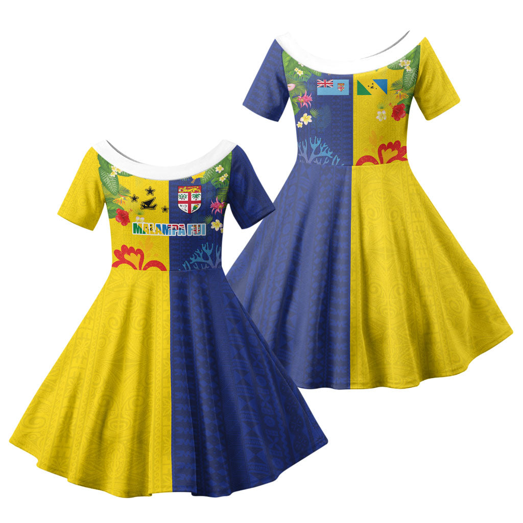 Malampa Fiji Day Family Matching Off Shoulder Short Dress and Hawaiian Shirt Volcano and Coral Reef with Culture Patterns Split Style LT03 Daughter's Dress Multicolor - Polynesian Pride