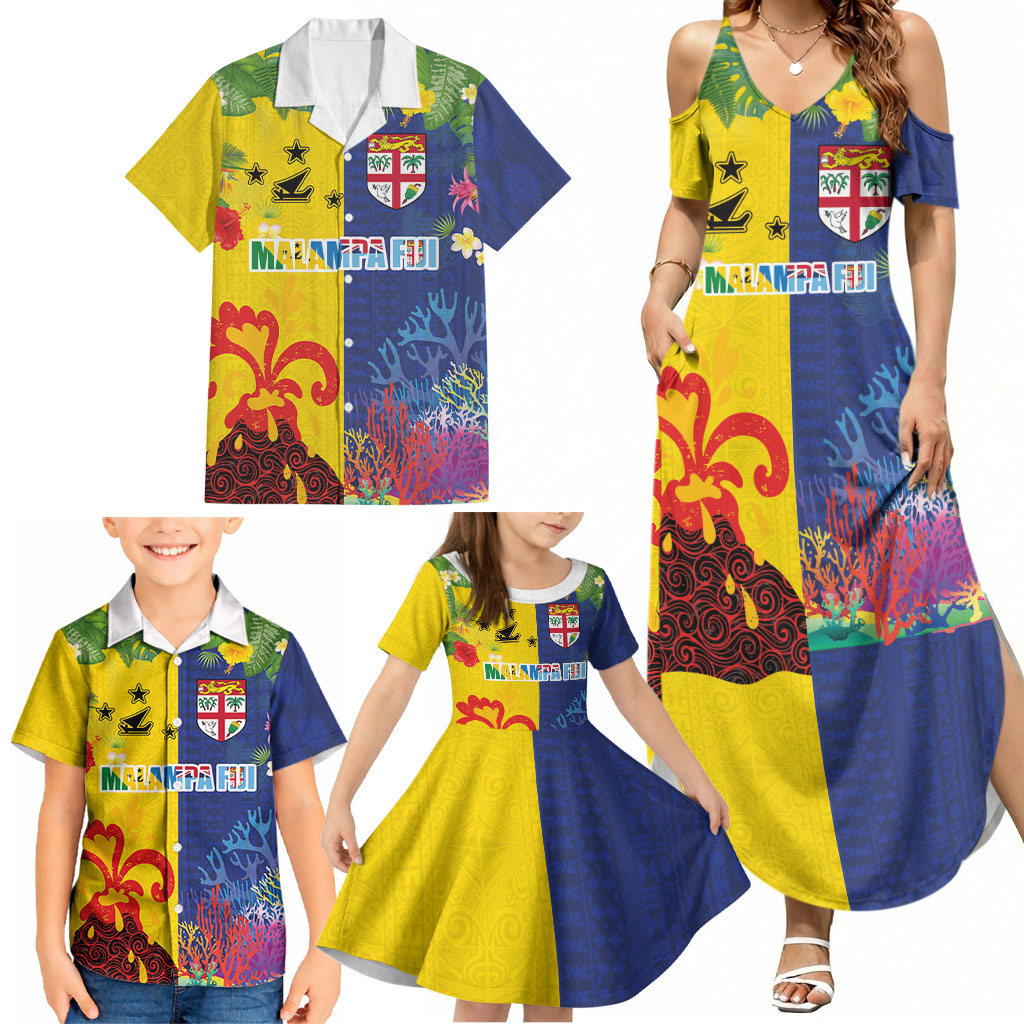 Malampa Fiji Day Family Matching Summer Maxi Dress and Hawaiian Shirt Volcano and Coral Reef with Culture Patterns Split Style