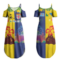 Malampa Fiji Day Family Matching Summer Maxi Dress and Hawaiian Shirt Volcano and Coral Reef with Culture Patterns Split Style LT03 Mom's Dress Multicolor - Polynesian Pride
