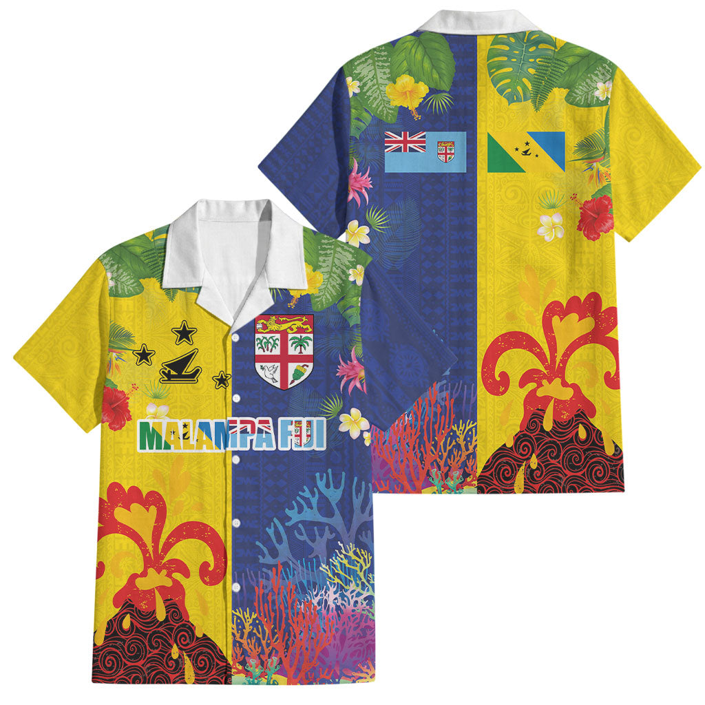 Malampa Fiji Day Family Matching Summer Maxi Dress and Hawaiian Shirt Volcano and Coral Reef with Culture Patterns Split Style LT03 Dad's Shirt - Short Sleeve Multicolor - Polynesian Pride