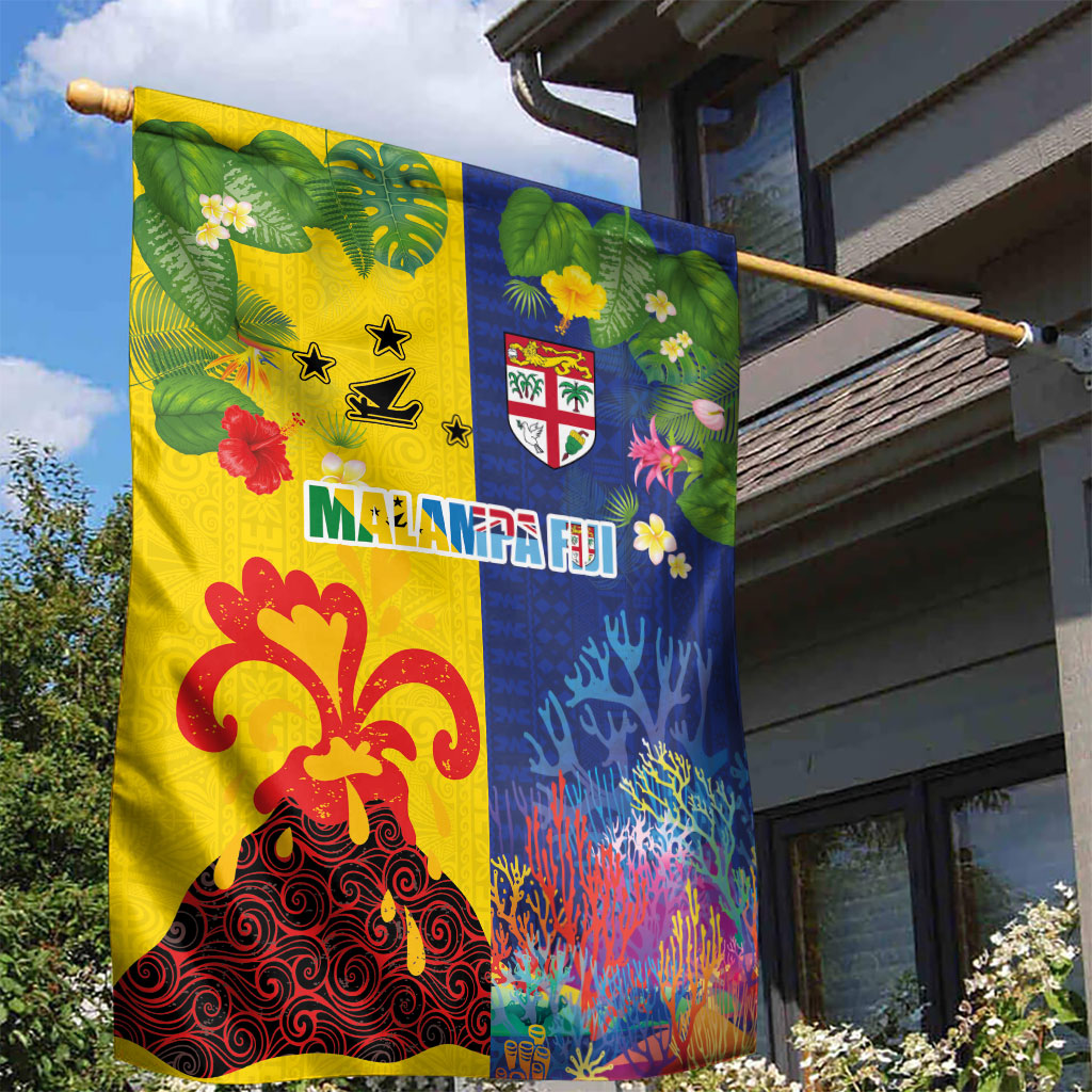 Malampa Fiji Day Garden Flag Volcano and Coral Reef with Culture Patterns Split Style LT03 - Polynesian Pride
