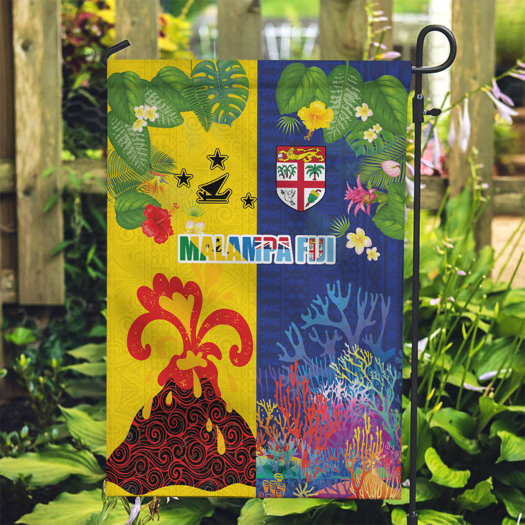 Malampa Fiji Day Garden Flag Volcano and Coral Reef with Culture Patterns Split Style LT03 Garden Flag Multicolor - Polynesian Pride