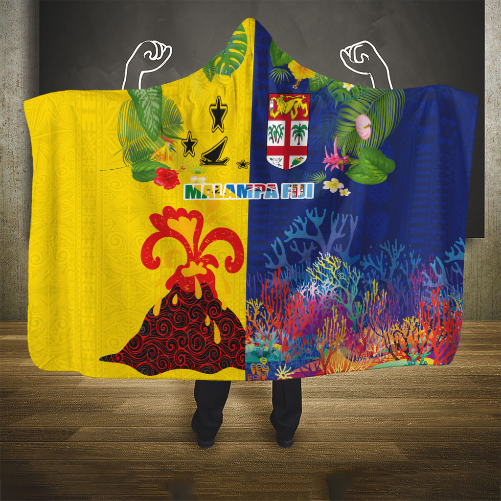 Malampa Fiji Day Hooded Blanket Volcano and Coral Reef with Culture Patterns Split Style LT03 - Polynesian Pride