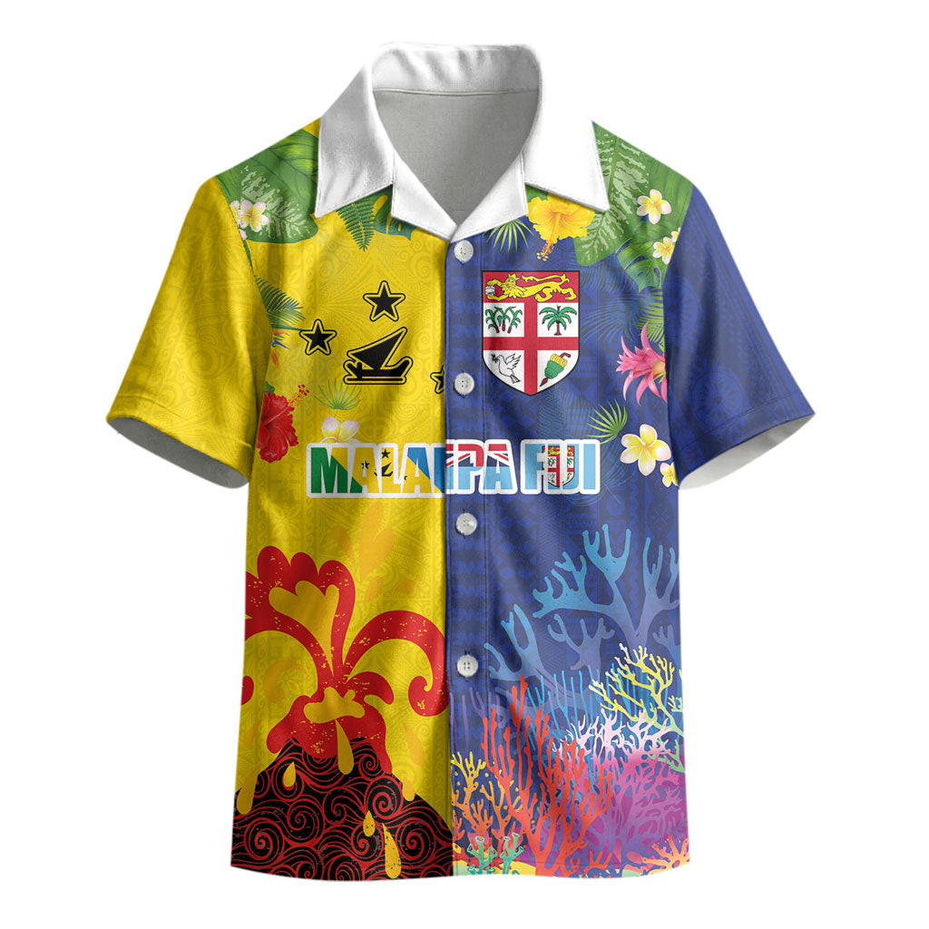 Malampa Fiji Day Kid Hawaiian Shirt Volcano and Coral Reef with Culture Patterns Split Style LT03 - Polynesian Pride