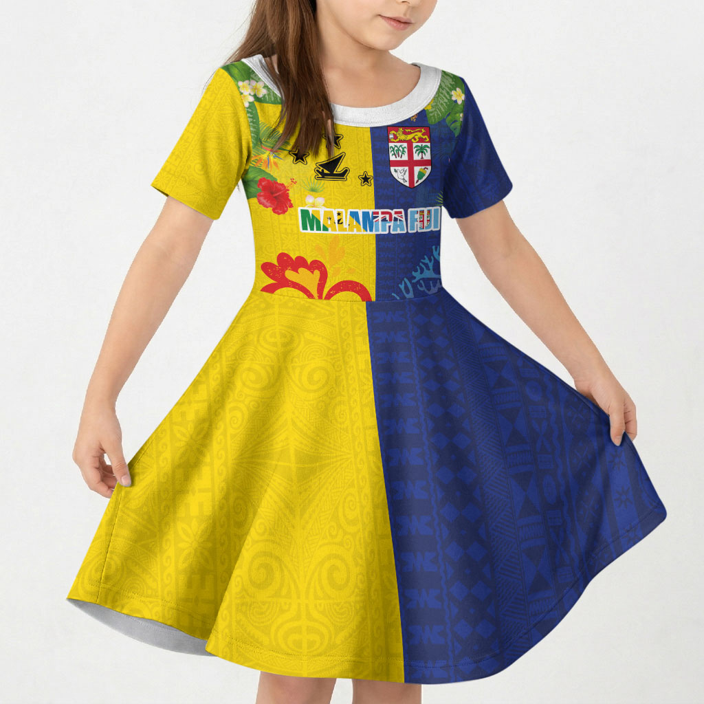 Malampa Fiji Day Kid Short Sleeve Dress Volcano and Coral Reef with Culture Patterns Split Style LT03 KID Multicolor - Polynesian Pride