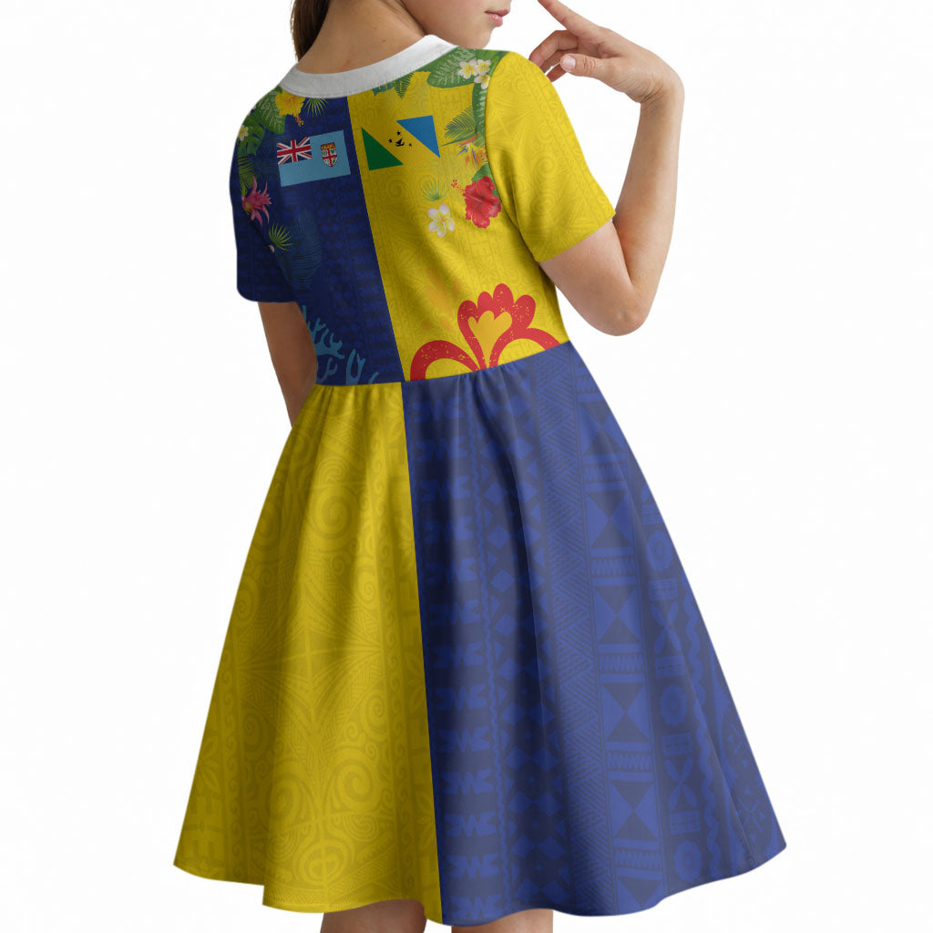 Malampa Fiji Day Kid Short Sleeve Dress Volcano and Coral Reef with Culture Patterns Split Style LT03 - Polynesian Pride