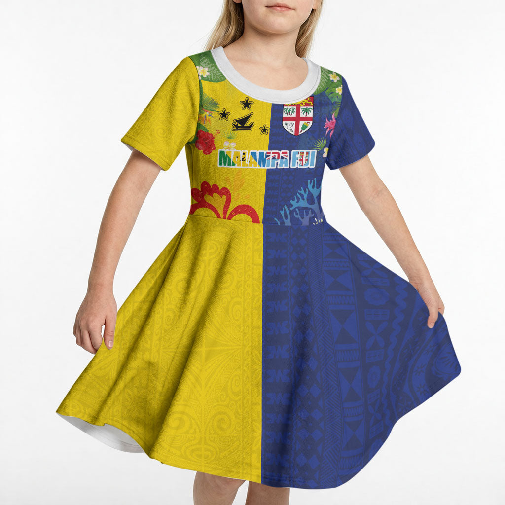 Malampa Fiji Day Kid Short Sleeve Dress Volcano and Coral Reef with Culture Patterns Split Style LT03 - Polynesian Pride