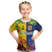 Malampa Fiji Day Kid T Shirt Volcano and Coral Reef with Culture Patterns Split Style LT03 Multicolor - Polynesian Pride