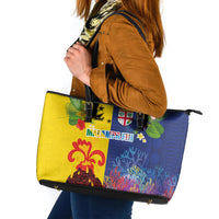 Malampa Fiji Day Leather Tote Bag Volcano and Coral Reef with Culture Patterns Split Style LT03 Multicolor - Polynesian Pride