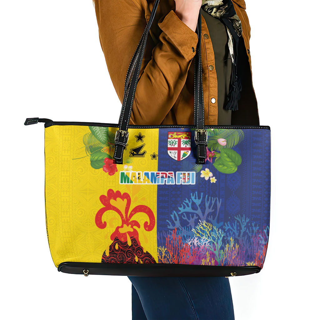 Malampa Fiji Day Leather Tote Bag Volcano and Coral Reef with Culture Patterns Split Style LT03 - Polynesian Pride
