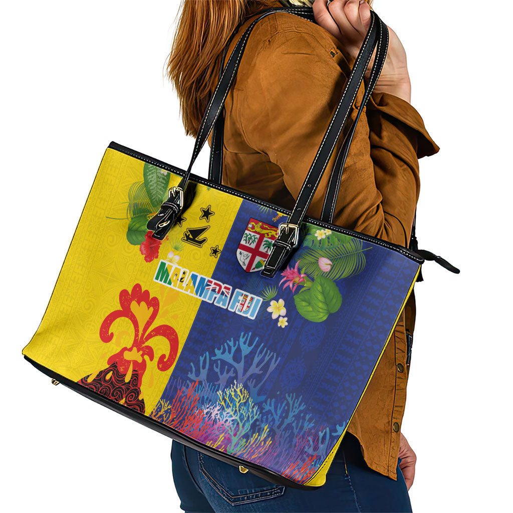 Malampa Fiji Day Leather Tote Bag Volcano and Coral Reef with Culture Patterns Split Style LT03 - Polynesian Pride