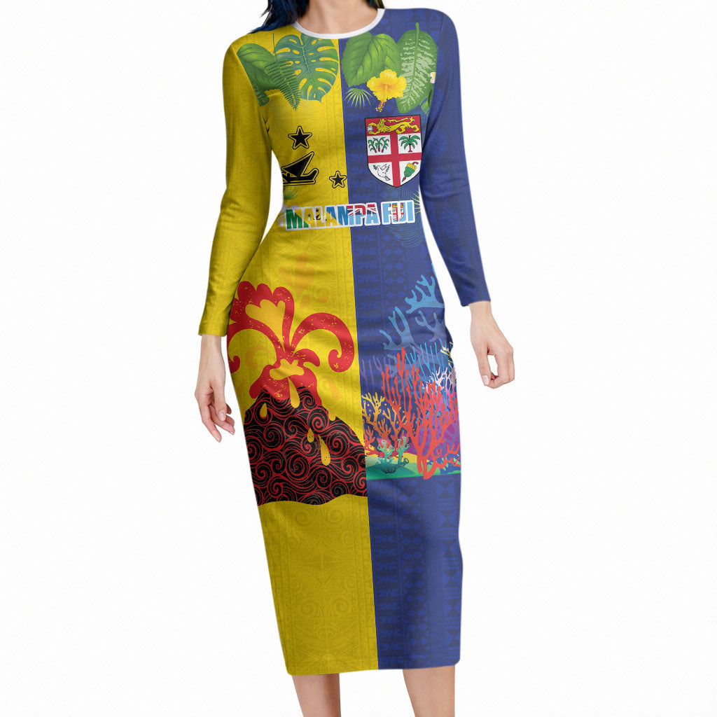 Malampa Fiji Day Long Sleeve Bodycon Dress Volcano and Coral Reef with Culture Patterns Split Style LT03 Long Dress Multicolor - Polynesian Pride