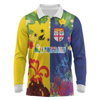 Malampa Fiji Day Long Sleeve Polo Shirt Volcano and Coral Reef with Culture Patterns Split Style LT03 Multicolor - Polynesian Pride