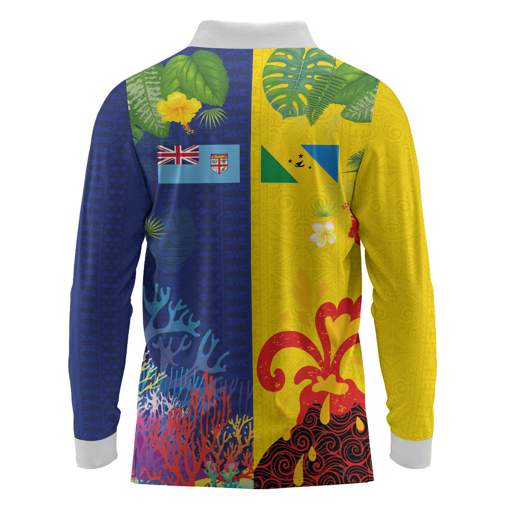 Malampa Fiji Day Long Sleeve Polo Shirt Volcano and Coral Reef with Culture Patterns Split Style LT03 - Polynesian Pride