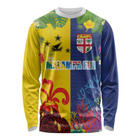 Malampa Fiji Day Long Sleeve Shirt Volcano and Coral Reef with Culture Patterns Split Style LT03 Unisex Multicolor - Polynesian Pride
