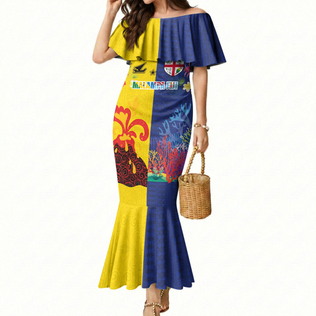 Malampa Fiji Day Mermaid Dress Volcano and Coral Reef with Culture Patterns Split Style LT03 Women Multicolor - Polynesian Pride