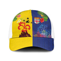 Malampa Fiji Day Mesh Trucker Cap Volcano and Coral Reef with Culture Patterns Split Style LT03 One Size White Multicolor - Polynesian Pride
