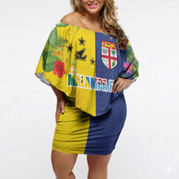 Malampa Fiji Day Off Shoulder Short Dress Volcano and Coral Reef with Culture Patterns Split Style LT03 Women Multicolor - Polynesian Pride