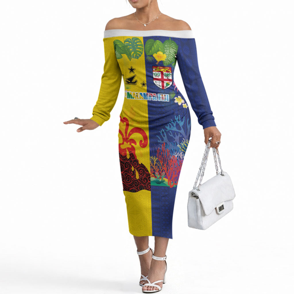 Malampa Fiji Day Off The Shoulder Long Sleeve Dress Volcano and Coral Reef with Culture Patterns Split Style LT03 Women Multicolor - Polynesian Pride