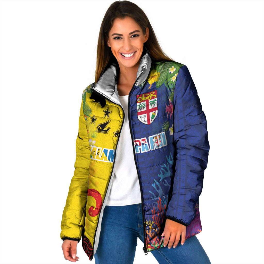 Malampa Fiji Day Padded Jacket Volcano and Coral Reef with Culture Patterns Split Style LT03 Women Multicolor - Polynesian Pride
