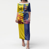 Malampa Fiji Day Puletasi Volcano and Coral Reef with Culture Patterns Split Style LT03 Long Dress Multicolor - Polynesian Pride