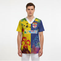 Malampa Fiji Day Scrub Top Volcano and Coral Reef with Culture Patterns Split Style LT03 - Polynesian Pride