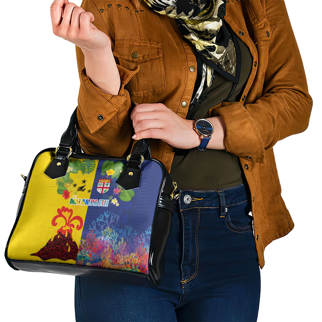 Malampa Fiji Day Shoulder Handbag Volcano and Coral Reef with Culture Patterns Split Style LT03 - Polynesian Pride