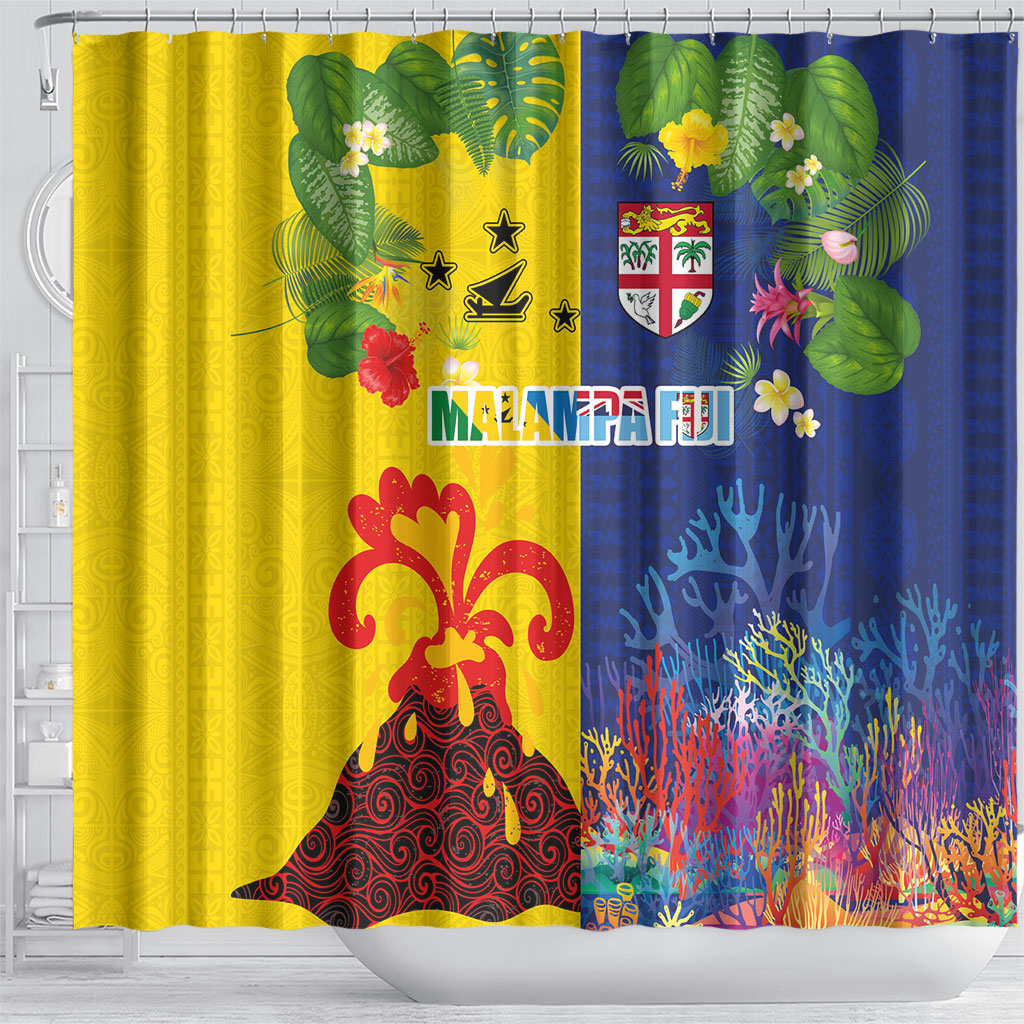 Malampa Fiji Day Shower Curtain Volcano and Coral Reef with Culture Patterns Split Style LT03 - Polynesian Pride