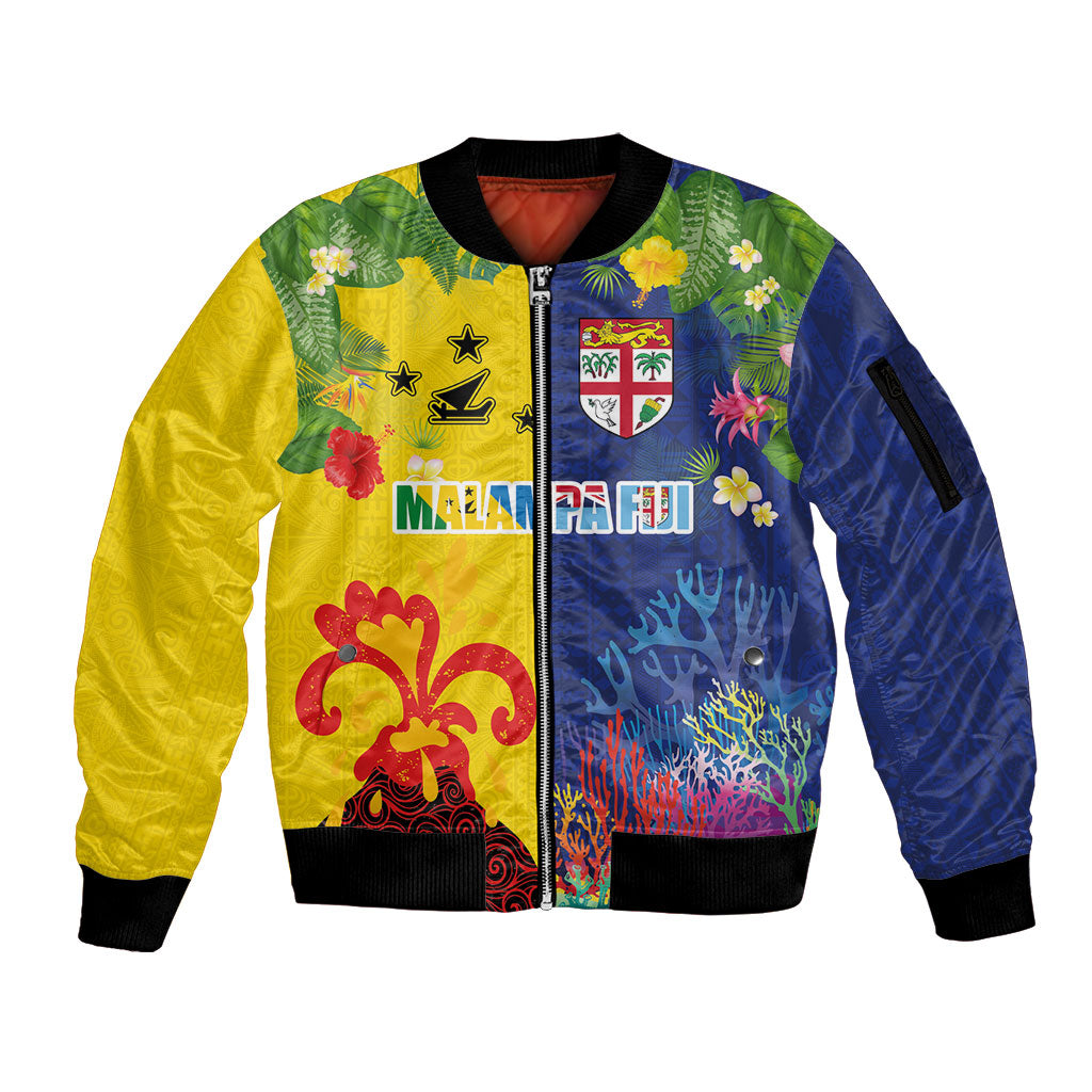 Malampa Fiji Day Sleeve Zip Bomber Jacket Volcano and Coral Reef with Culture Patterns Split Style LT03 Unisex Multicolor - Polynesian Pride