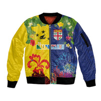 Malampa Fiji Day Sleeve Zip Bomber Jacket Volcano and Coral Reef with Culture Patterns Split Style LT03 Unisex Multicolor - Polynesian Pride