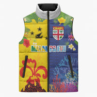 Malampa Fiji Day Sleeveless Puffer Jacket Volcano and Coral Reef with Culture Patterns Split Style LT03 Unisex Multicolor - Polynesian Pride
