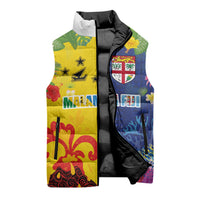 Malampa Fiji Day Sleeveless Puffer Jacket Volcano and Coral Reef with Culture Patterns Split Style LT03 - Polynesian Pride