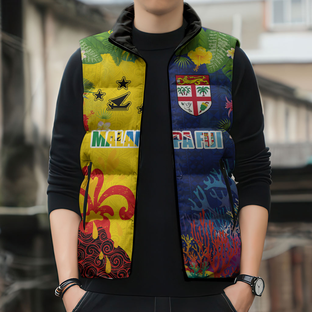 Malampa Fiji Day Sleeveless Puffer Jacket Volcano and Coral Reef with Culture Patterns Split Style LT03 - Polynesian Pride