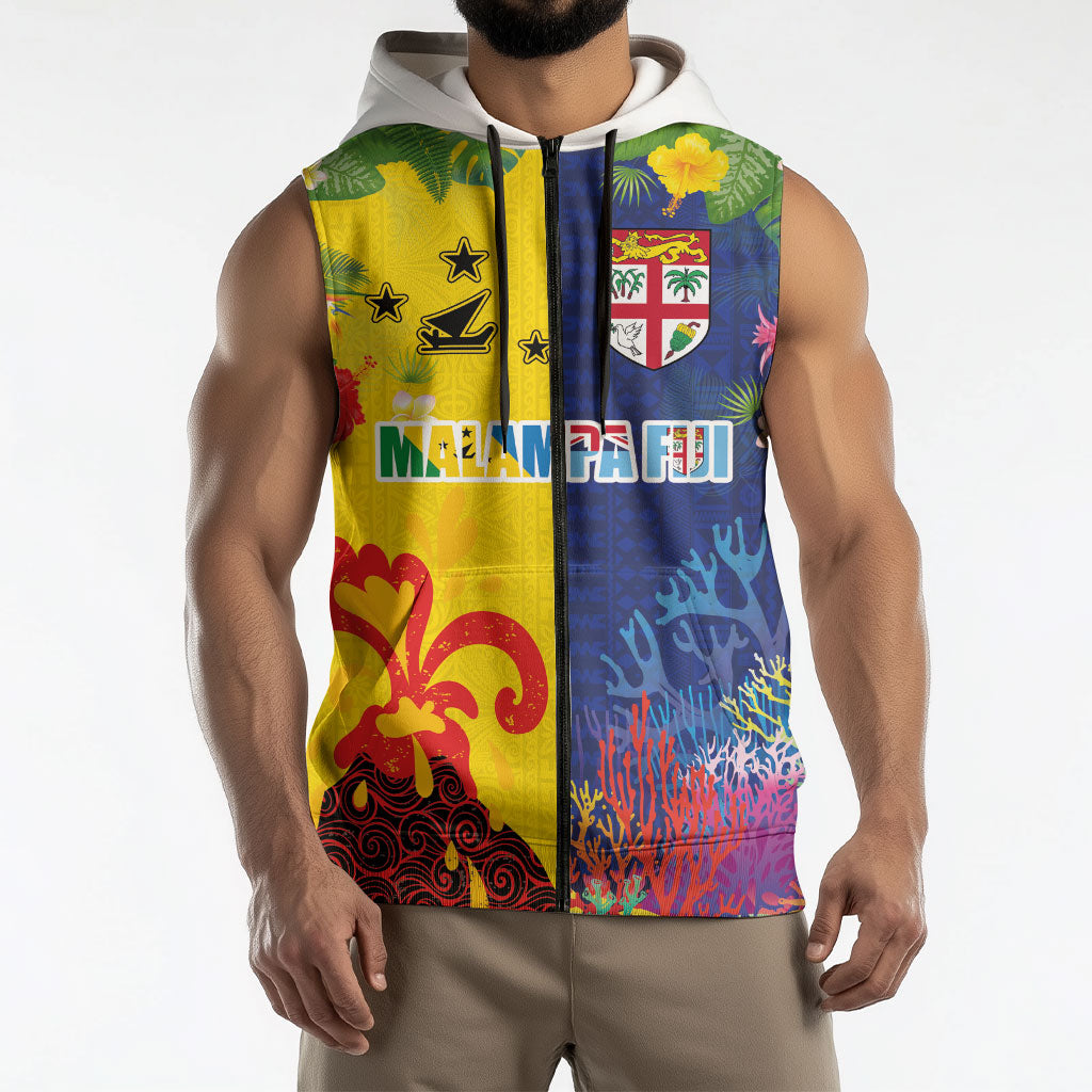 Malampa Fiji Day Sleeveless Zip Hoodie Volcano and Coral Reef with Culture Patterns Split Style LT03 - Polynesian Pride