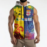 Malampa Fiji Day Sleeveless Zip Hoodie Volcano and Coral Reef with Culture Patterns Split Style LT03 - Polynesian Pride
