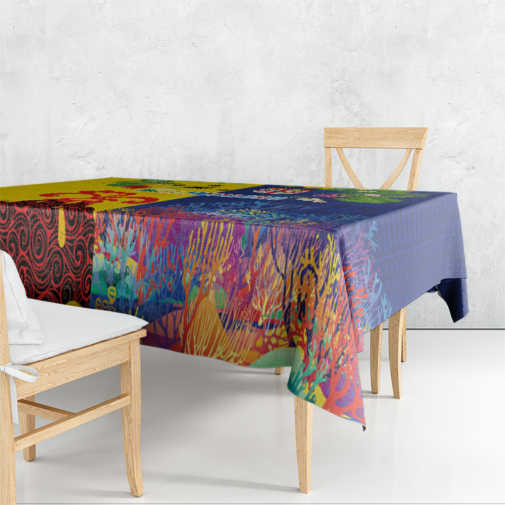 Malampa Fiji Day Tablecloth Volcano and Coral Reef with Culture Patterns Split Style LT03 - Polynesian Pride