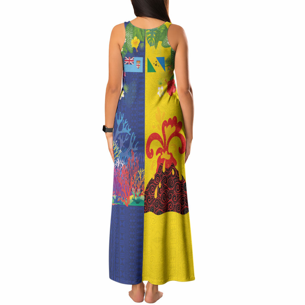 Malampa Fiji Day Tank Maxi Dress Volcano and Coral Reef with Culture Patterns Split Style LT03 - Polynesian Pride