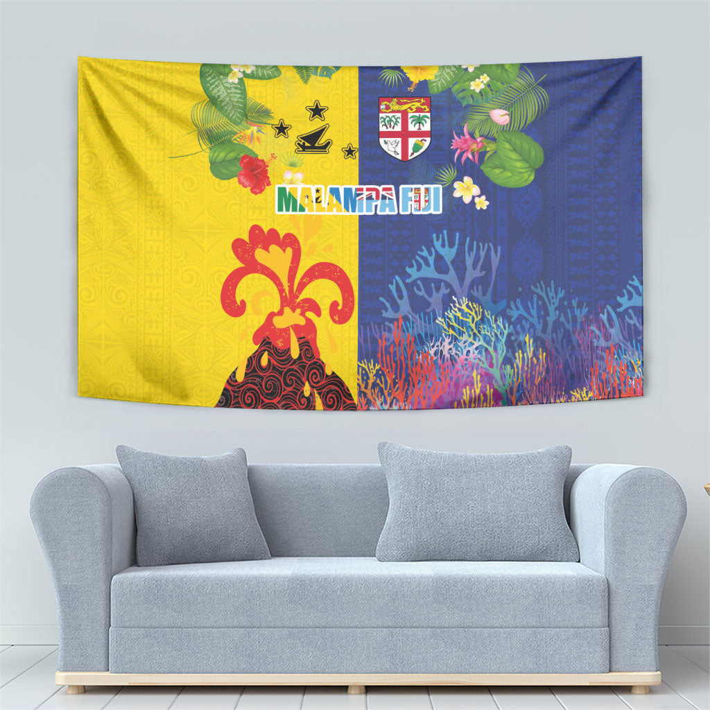 Malampa Fiji Day Tapestry Volcano and Coral Reef with Culture Patterns Split Style LT03 - Polynesian Pride