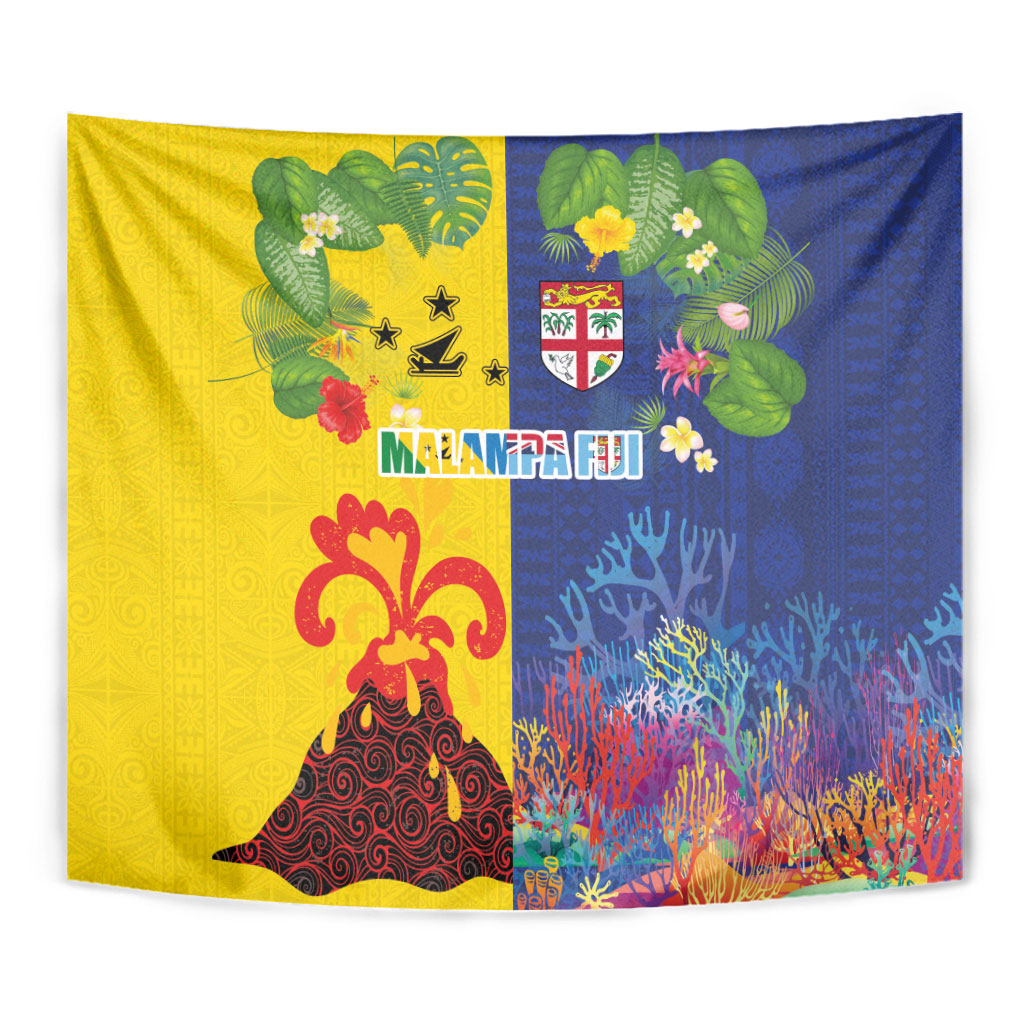 Malampa Fiji Day Tapestry Volcano and Coral Reef with Culture Patterns Split Style LT03 - Polynesian Pride