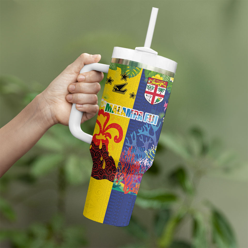 Malampa Fiji Day Tumbler With Handle Volcano and Coral Reef with Culture Patterns Split Style LT03 - Polynesian Pride