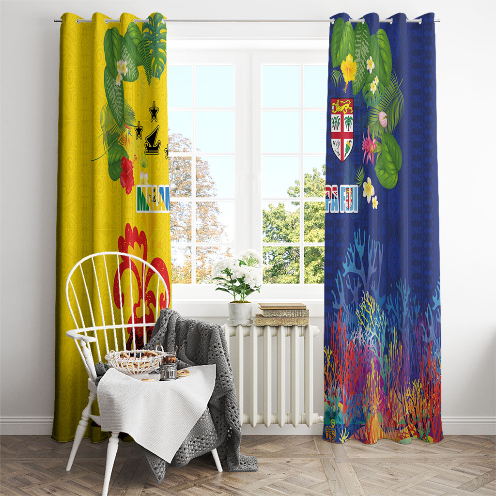 Malampa Fiji Day Window Curtain Volcano and Coral Reef with Culture Patterns Split Style LT03 - Polynesian Pride