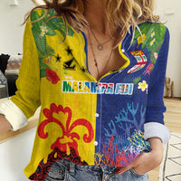 Malampa Fiji Day Women Casual Shirt Volcano and Coral Reef with Culture Patterns Split Style LT03 Female Multicolor - Polynesian Pride