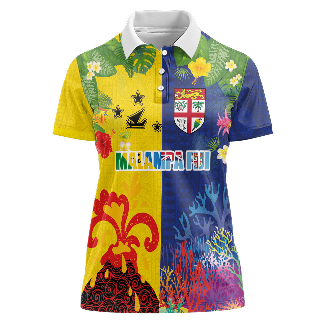 Malampa Fiji Day Women Polo Shirt Volcano and Coral Reef with Culture Patterns Split Style LT03 Female Multicolor - Polynesian Pride