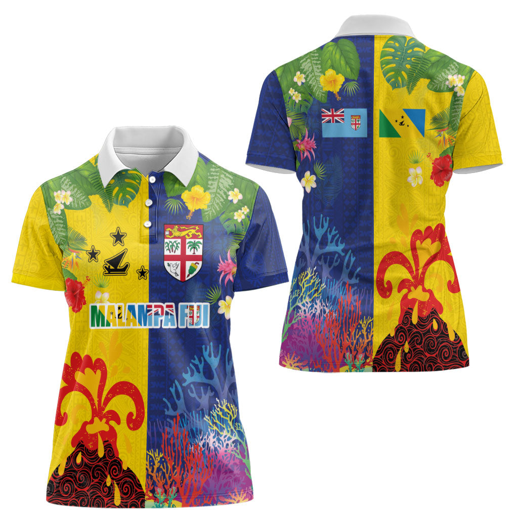 Malampa Fiji Day Women Polo Shirt Volcano and Coral Reef with Culture Patterns Split Style LT03 - Polynesian Pride