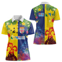 Malampa Fiji Day Women Polo Shirt Volcano and Coral Reef with Culture Patterns Split Style LT03 - Polynesian Pride