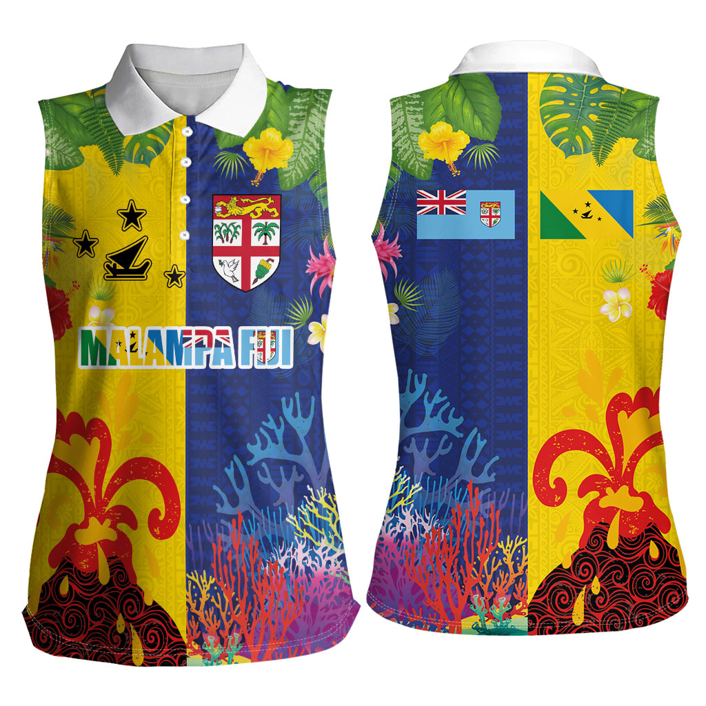 Malampa Fiji Day Women Sleeveless Polo Shirt Volcano and Coral Reef with Culture Patterns Split Style LT03 - Polynesian Pride