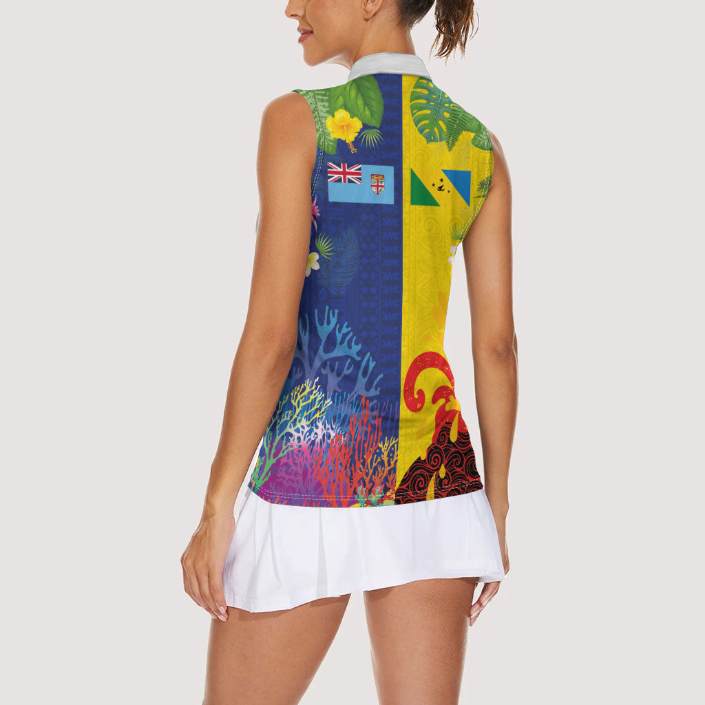 Malampa Fiji Day Women Sleeveless Polo Shirt Volcano and Coral Reef with Culture Patterns Split Style LT03 - Polynesian Pride