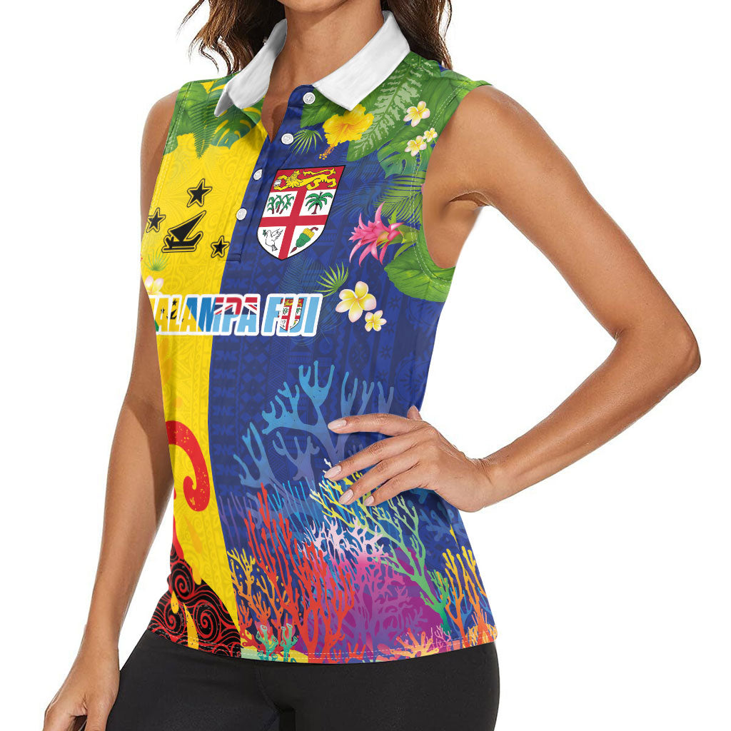 Malampa Fiji Day Women Sleeveless Polo Shirt Volcano and Coral Reef with Culture Patterns Split Style LT03 - Polynesian Pride