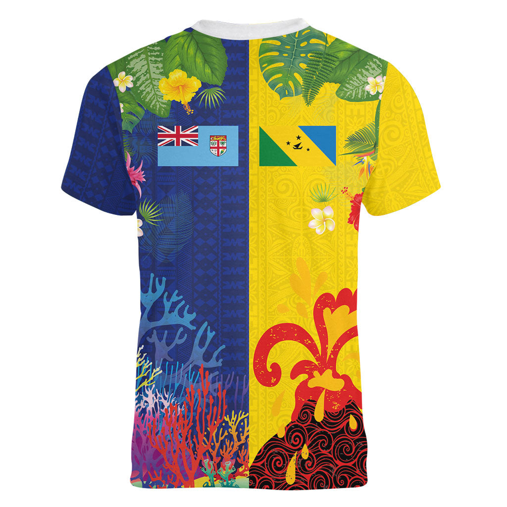 Malampa Fiji Day Women V-Neck T-Shirt Volcano and Coral Reef with Culture Patterns Split Style LT03 - Polynesian Pride