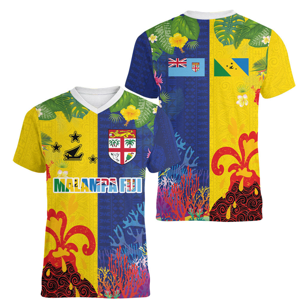 Malampa Fiji Day Women V-Neck T-Shirt Volcano and Coral Reef with Culture Patterns Split Style LT03 - Polynesian Pride